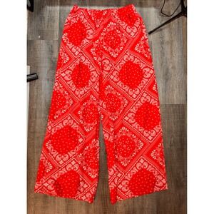 Womens Red Bandana Paisley Print Wide Leg Boho Pants Elastic Waist Pockets L